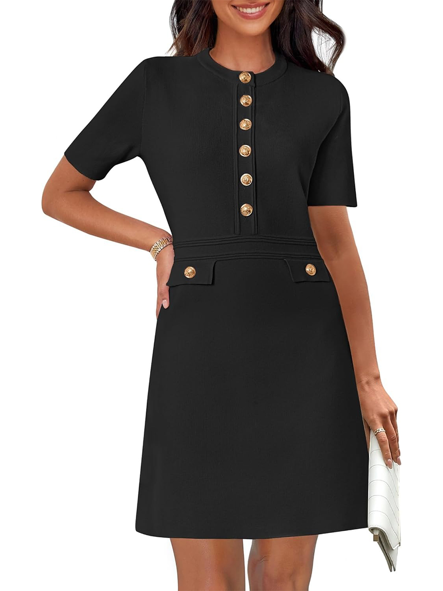 Women's Elegant Knit Button Short Sleeve Bodycon Mini Dress
