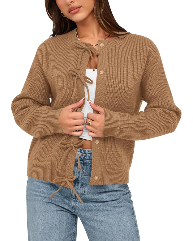 Women's Trendy Long Sleeve Ribbed Bow Button Cardigan Sweater