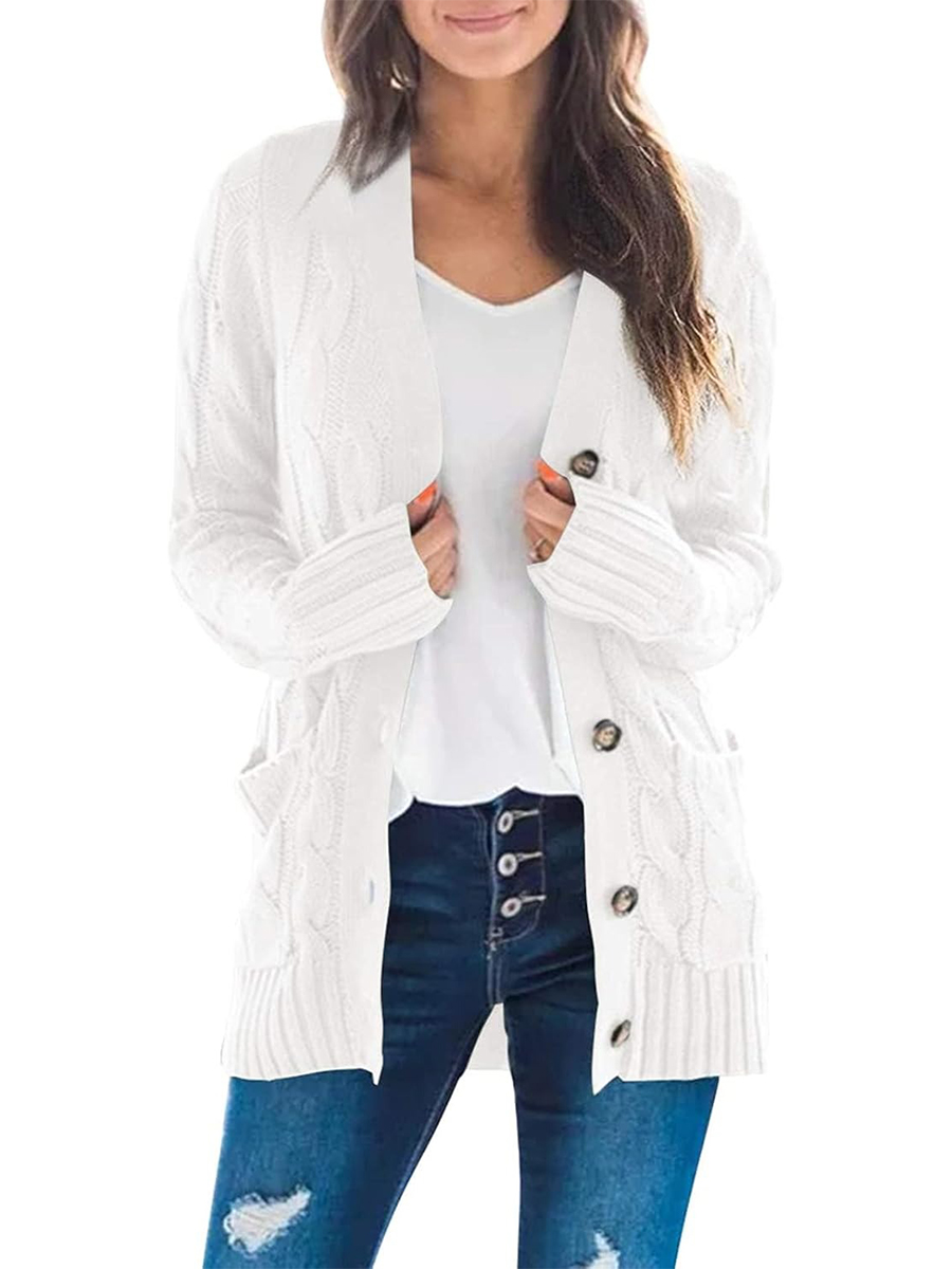 Women's Button Down Open Front Cable Knit Cardigan Sweater
