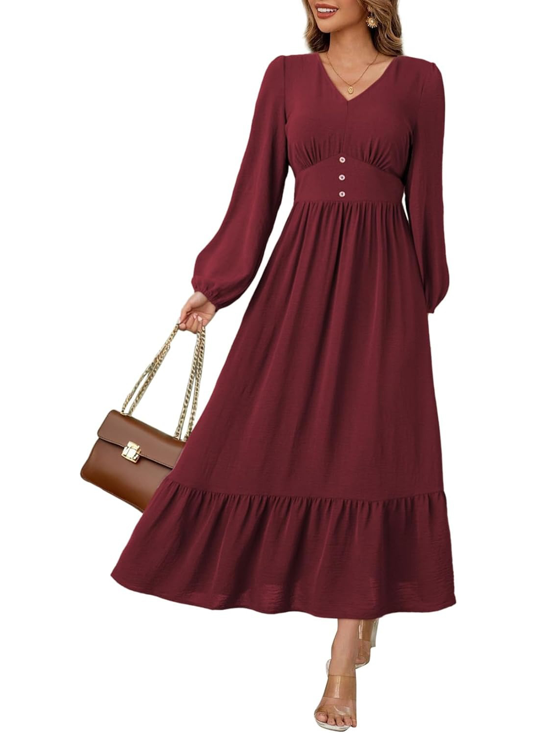 Women's Casual V Neck Long Sleeve Button High Waist Flowy Maxi Dress