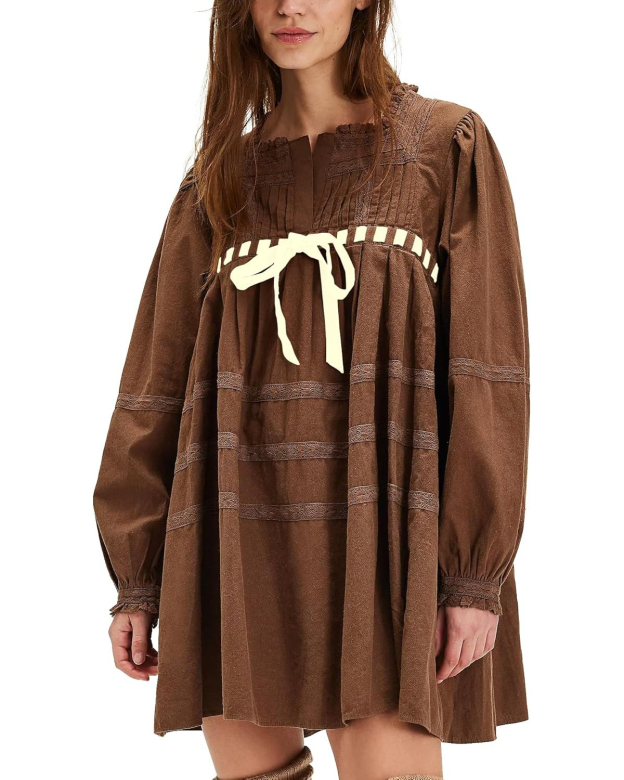 Women's Square Neck Tie Front Long Sleeve Lace Trim Mini Dress