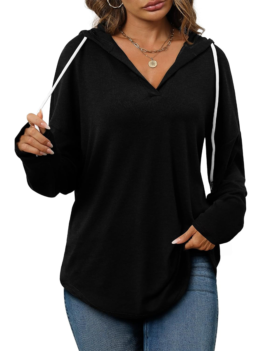 Women's Casual V Neck Long Sleeve Drawstring Hoodie Sweatshirts