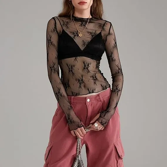 Women Long Sleeve Tops Sheer Lace Basic Shirt Casual Pullover For Fall Club Streetwear Aesthetic Clothes（BUY 3 FREE SHIPPING)