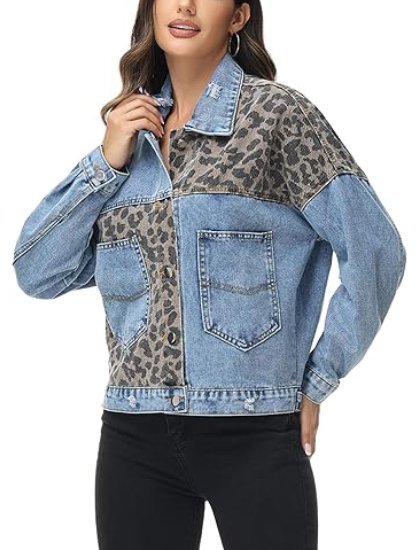 Women's long-sleeved button-up leopard print short denim jacket(buy 2 free shipping)