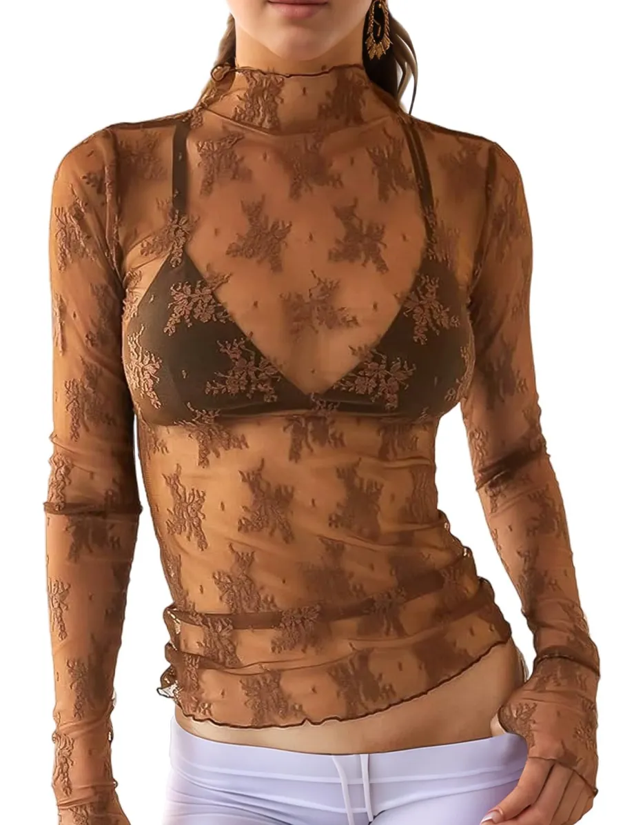 Women Long Sleeve Tops Sheer Lace Basic Shirt Casual Pullover For Fall Club Streetwear Aesthetic Clothes（BUY 3 FREE SHIPPING)