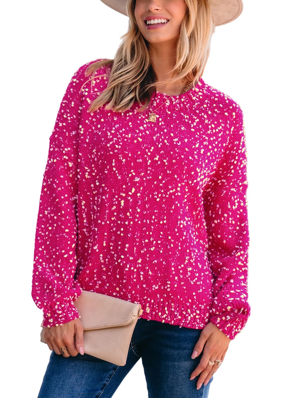 Faynilla Women's Middle Eastern-Inspired Color-Block Drop Shoulder Sleeve Sweater - Round Neck Pullover with Contrast Detailing, Medium Stretch All-Season Elegant Casual Top, Ladies Sweaters