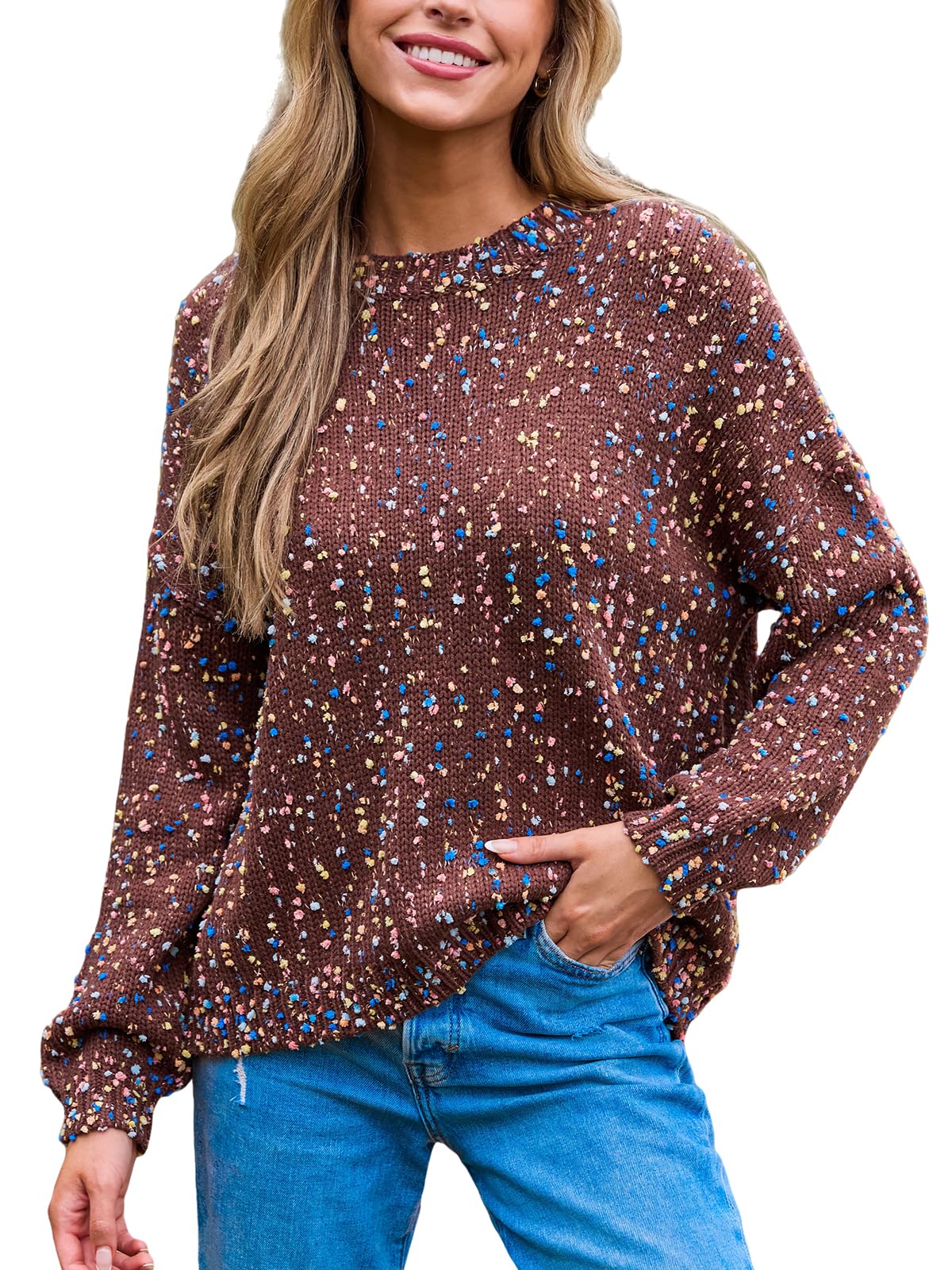 Faynilla Women's Middle Eastern-Inspired Color-Block Drop Shoulder Sleeve Sweater - Round Neck Pullover with Contrast Detailing, Medium Stretch All-Season Elegant Casual Top, Ladies Sweaters