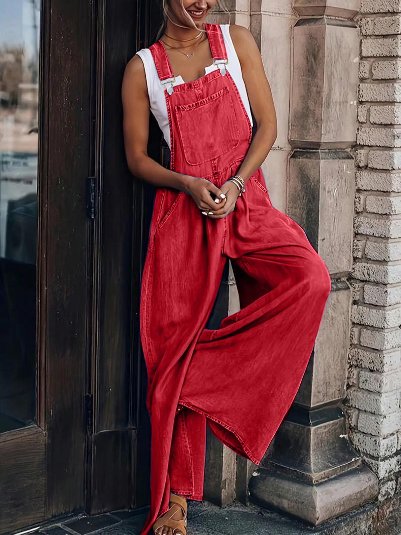 Women Casual Jumpsuits Adjustable Straps Oversized Denim Overall Wide Leg Rompers with Pockets(buy 2 free shipping)