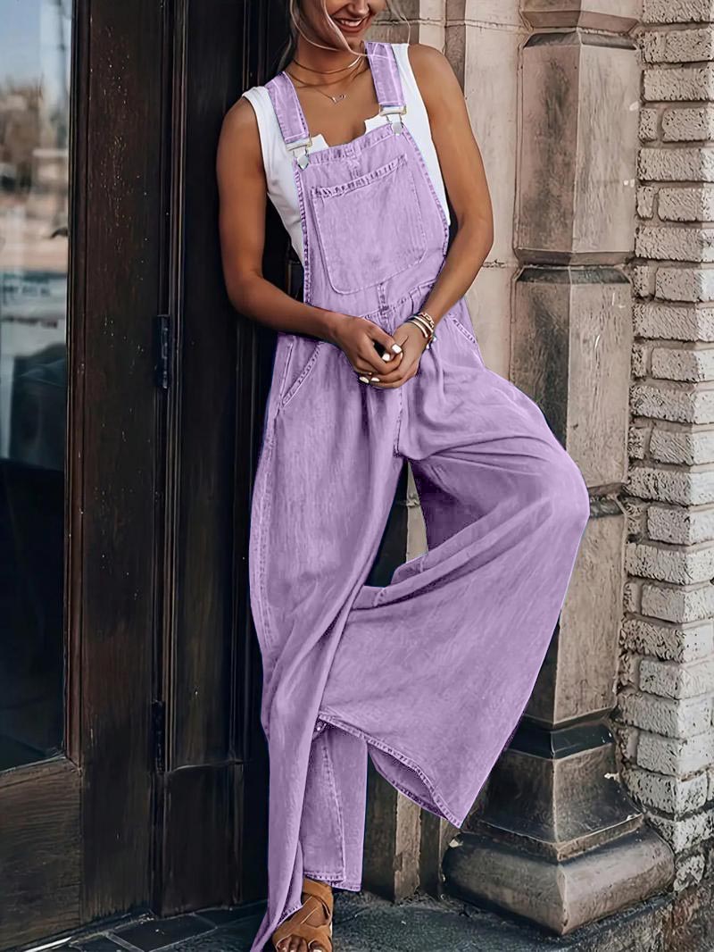 Women Casual Jumpsuits Adjustable Straps Oversized Denim Overall Wide Leg Rompers with Pockets(buy 2 free shipping)