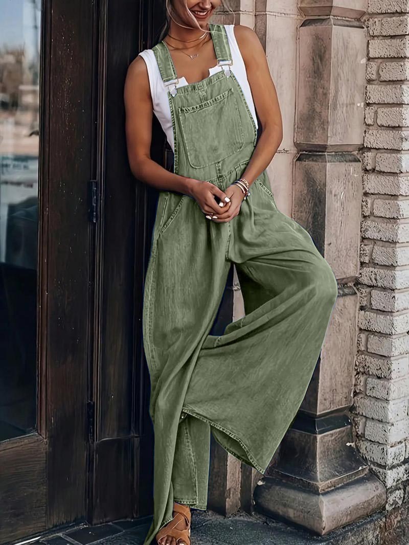 Women Casual Jumpsuits Adjustable Straps Oversized Denim Overall Wide Leg Rompers with Pockets(buy 2 free shipping)