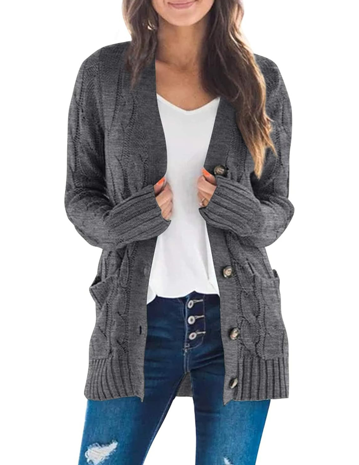 HOT SALE Women's Button Down Open Front Cable Knit Cardigan Sweater