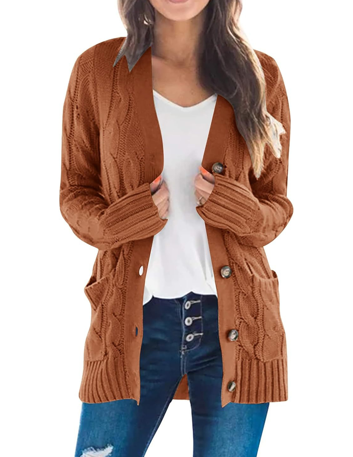 HOT SALE Women's Button Down Open Front Cable Knit Cardigan Sweater