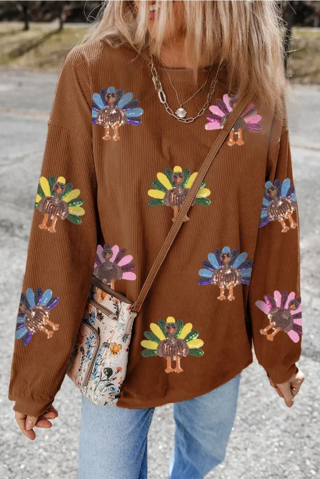Talk Turkey to Me 🦃✨ Oversized Sequin Turkey Patch Corded Tee – Cozy, Festive, and Perfect for Fall!