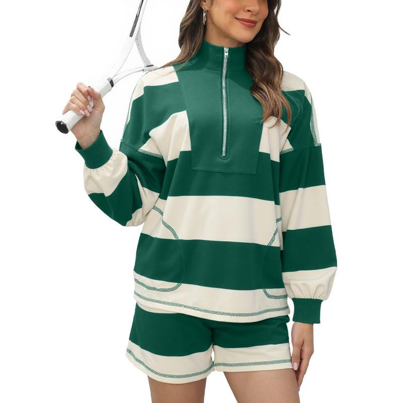 Women's Lounge Set 2 Piece Striped Long Sleeve Quarter Zip