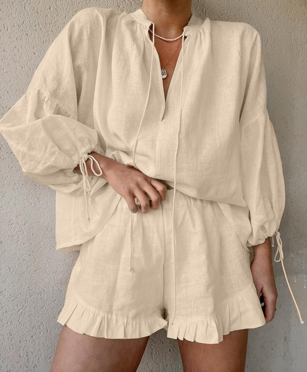 HOT SALE Women's Long Sleeve V Neck Tie Front Tops and Ruffled Boxer Shorts Lounge Sets