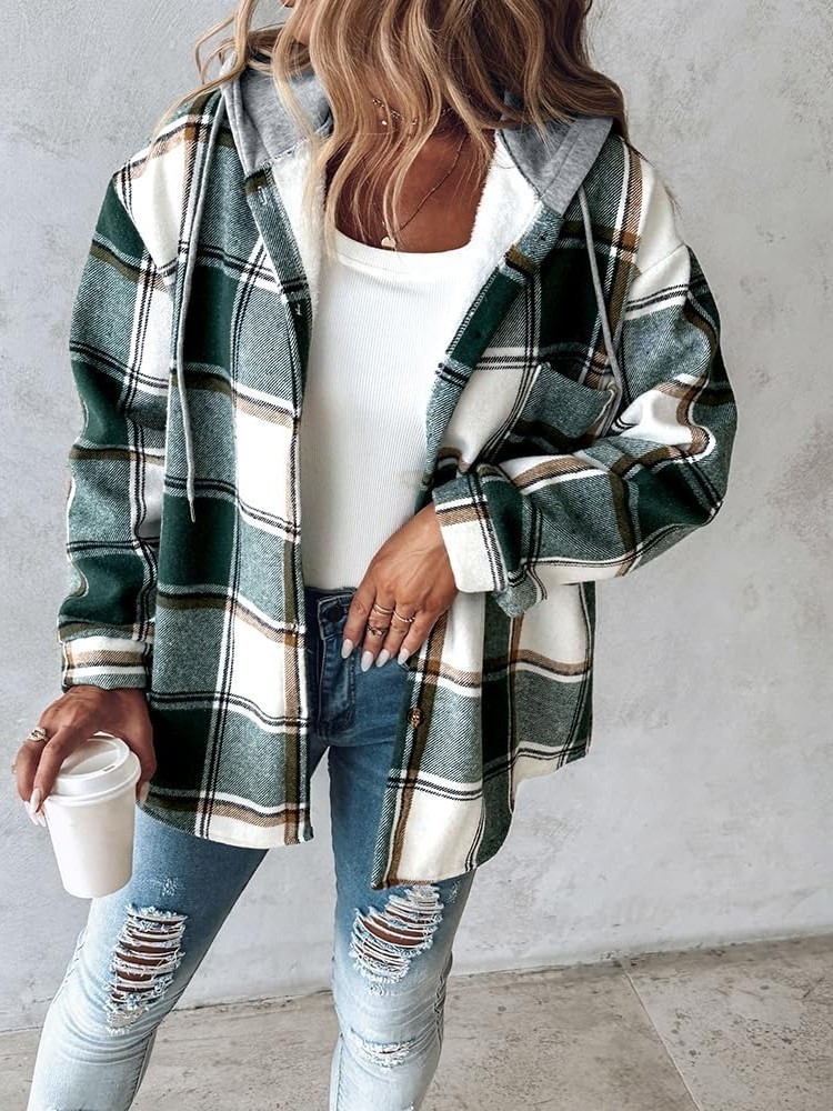 HOT SALE Women's Plaid Button Down Fleece Lined Hooded Jackets Warm Coat