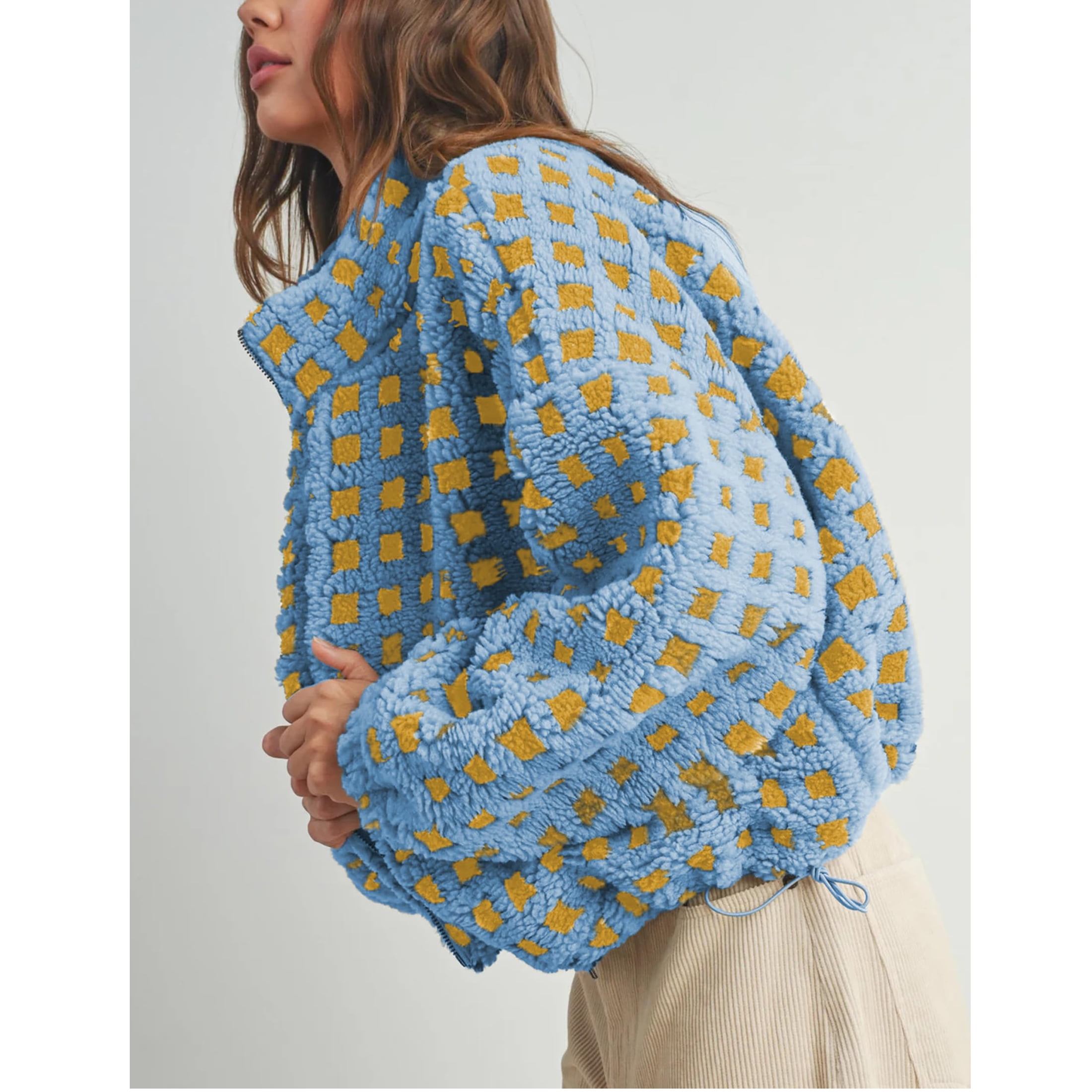 Women's Sherpa Checkered Fleece Jacket Long Sleeve Coat Warm Zip Up Plaid Outwear with Pocket