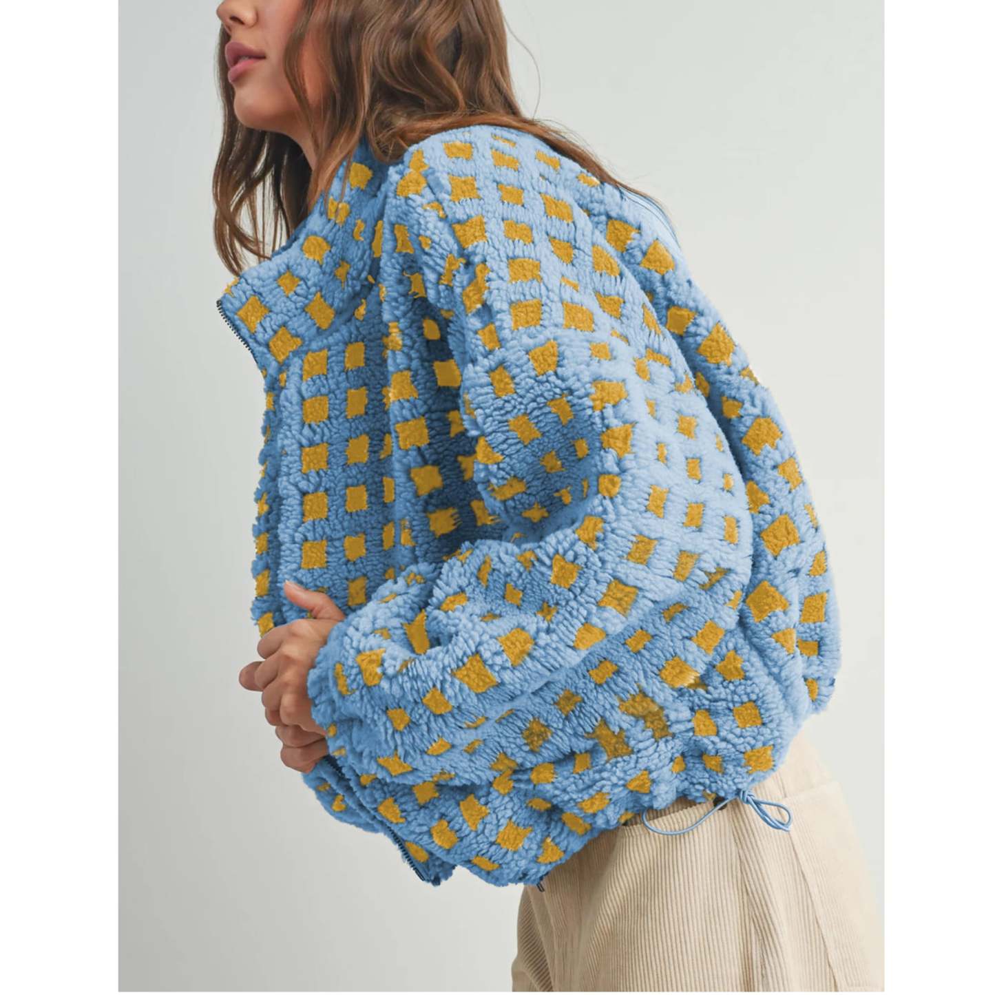 Women's Sherpa Checkered Fleece Jacket Long Sleeve Coat Warm Zip Up Plaid Outwear with Pocket