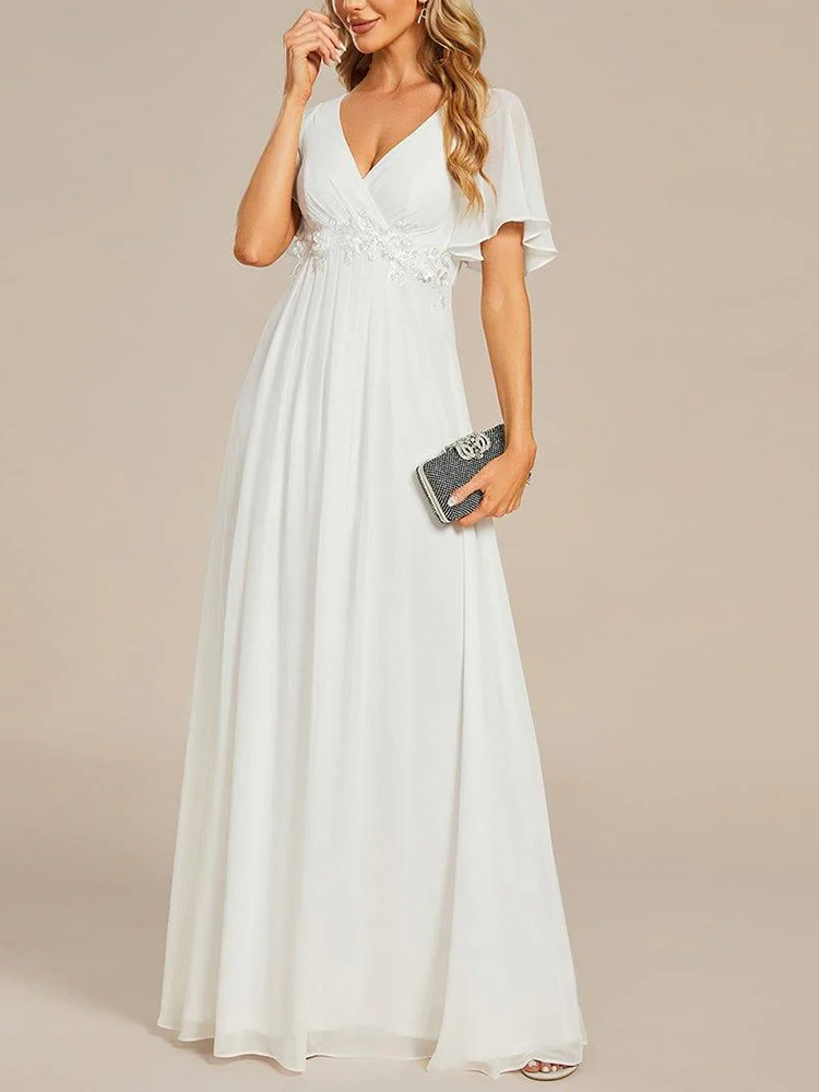 Flutter-Sleeve Appliqué A-Line Maxi Dress (Buy Two Free Shipping!!!)