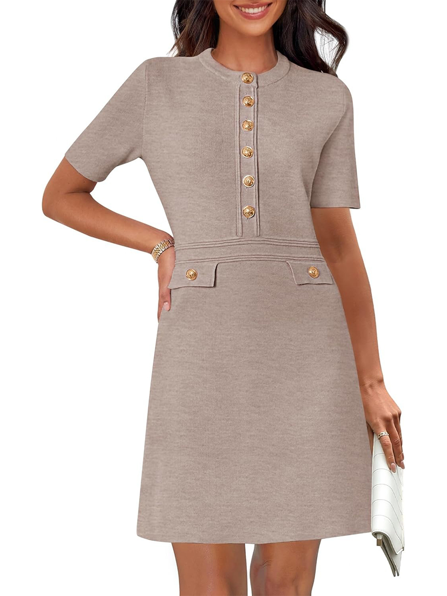 Women's Elegant Knit Button Short Sleeve Bodycon Mini Dress