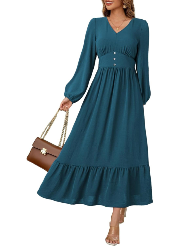 Women's Casual V Neck Long Sleeve Button High Waist Flowy Maxi Dress