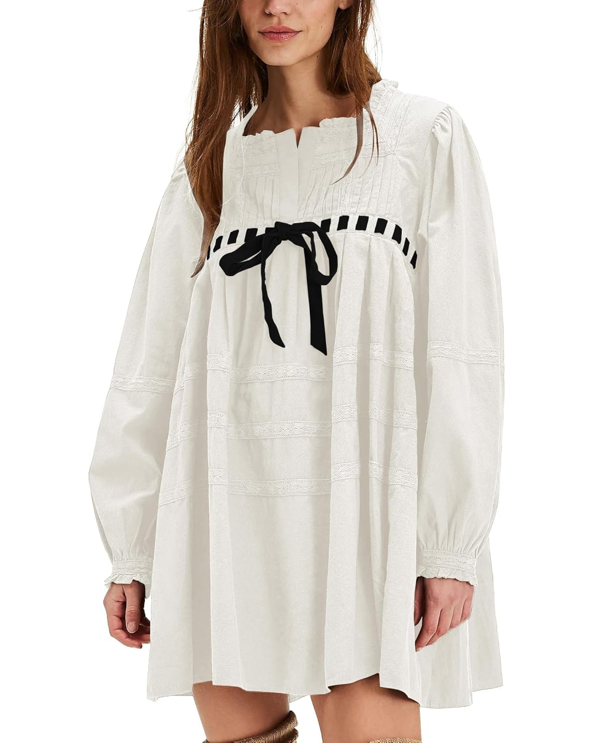 Women's Square Neck Tie Front Long Sleeve Lace Trim Mini Dress