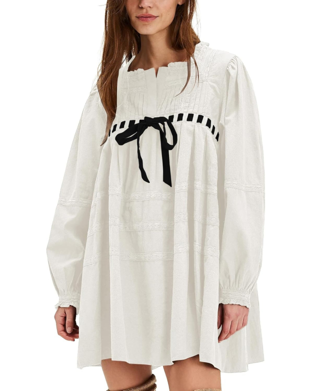 Women's Square Neck Tie Front Long Sleeve Lace Trim Mini Dress