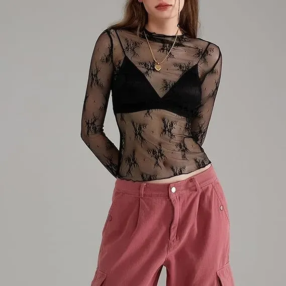 Women Long Sleeve Tops Sheer Lace Basic Shirt Casual Pullover For Fall Club Streetwear Aesthetic Clothes（BUY 3 FREE SHIPPING)