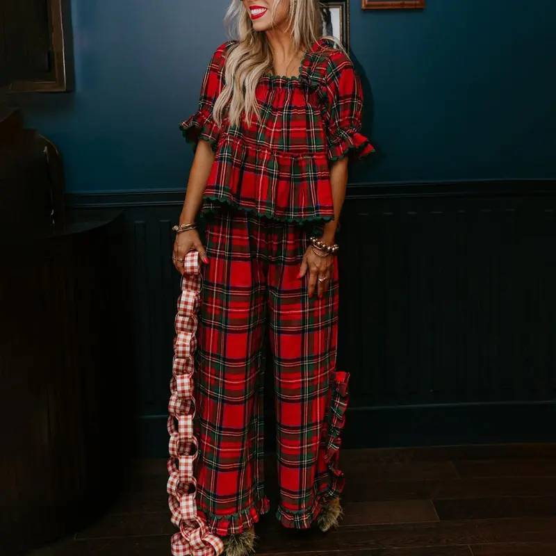 Women Pajama Set, Stripes/Plaid Short Sleeve Square Neck T-shirt with Pants Sleepwear Loungewear（buy 2 free shipping)