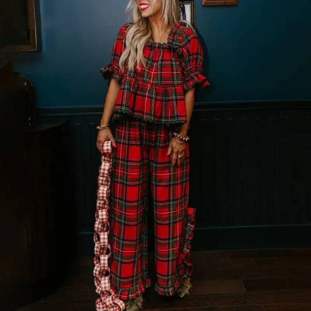 Women Pajama Set, Stripes/Plaid Short Sleeve Square Neck T-shirt with Pants Sleepwear Loungewear（buy 2 free shipping)