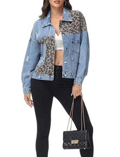 Women's long-sleeved button-up leopard print short denim jacket(buy 2 free shipping)