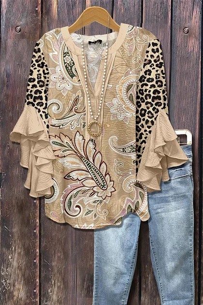 Women's Mixed Floral Print Ruffle Bell Sleeve Top(BUY 2 FREE SHIPPING)