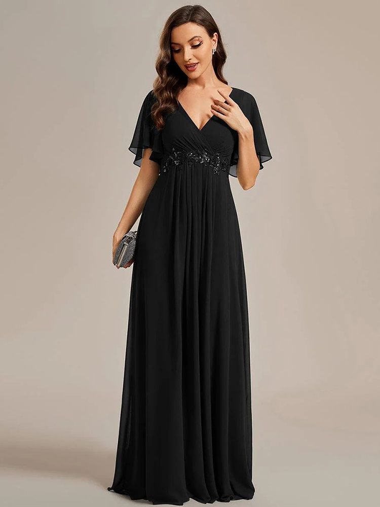 Flutter-Sleeve Appliqué A-Line Maxi Dress (Buy Two Free Shipping!!!)