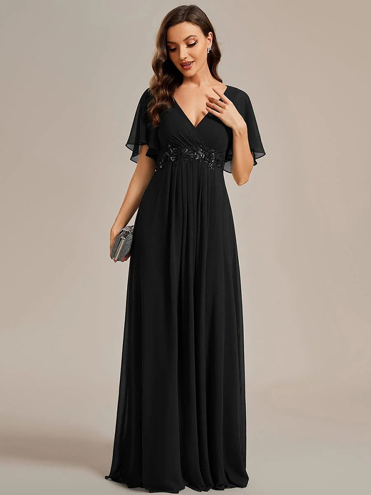 Flutter-Sleeve Appliqué A-Line Maxi Dress (Buy Two Free Shipping!!!)