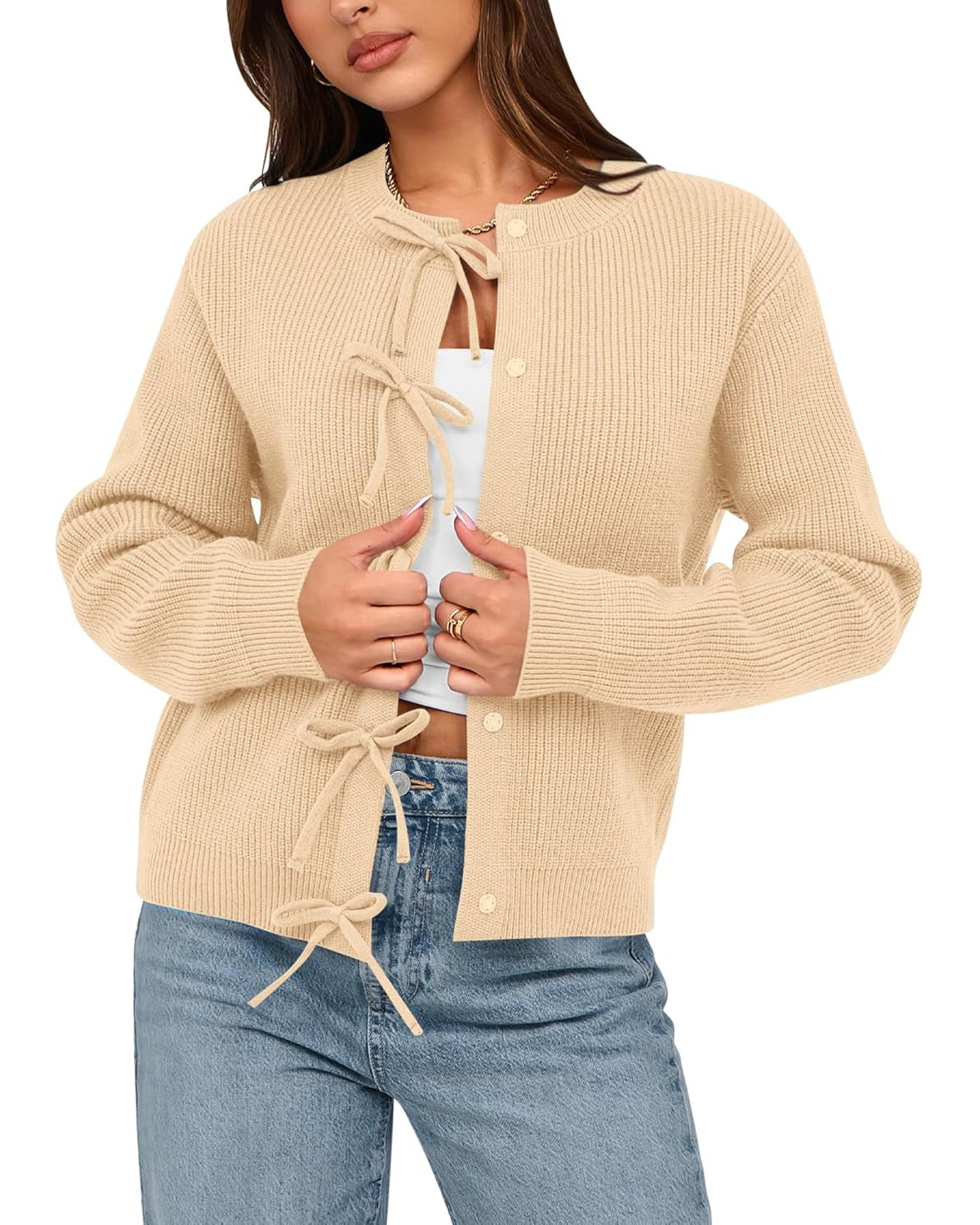 Women's Trendy Long Sleeve Ribbed Bow Button Cardigan Sweater