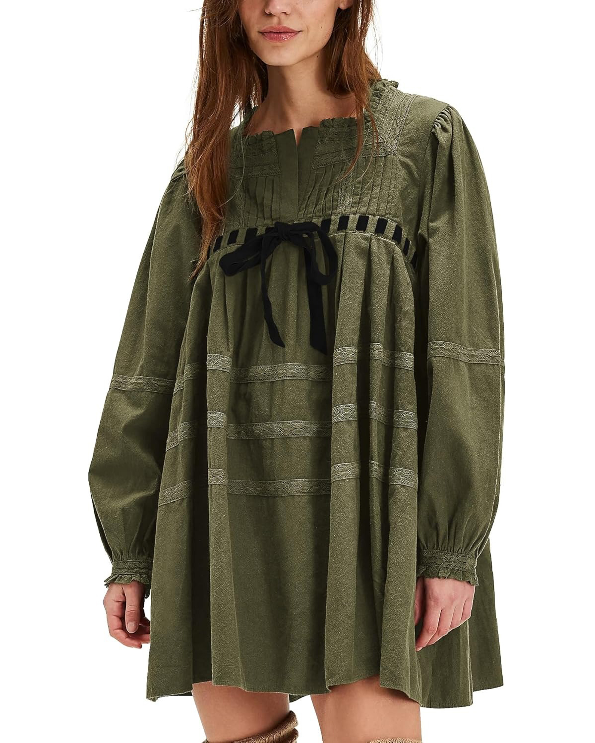 Women's Square Neck Tie Front Long Sleeve Lace Trim Mini Dress