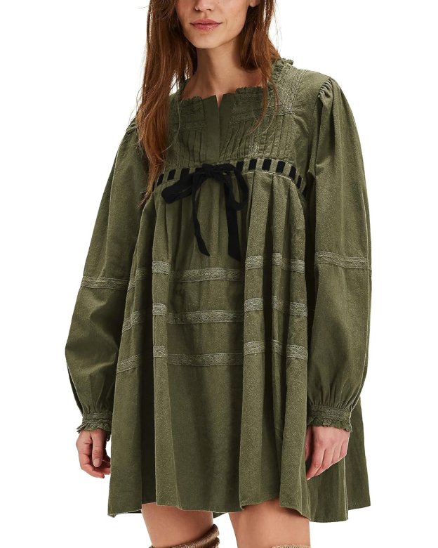 Women's Square Neck Tie Front Long Sleeve Lace Trim Mini Dress