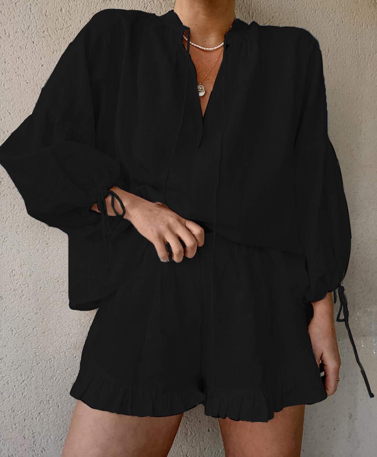 HOT SALE Women's Long Sleeve V Neck Tie Front Tops and Ruffled Boxer Shorts Lounge Sets