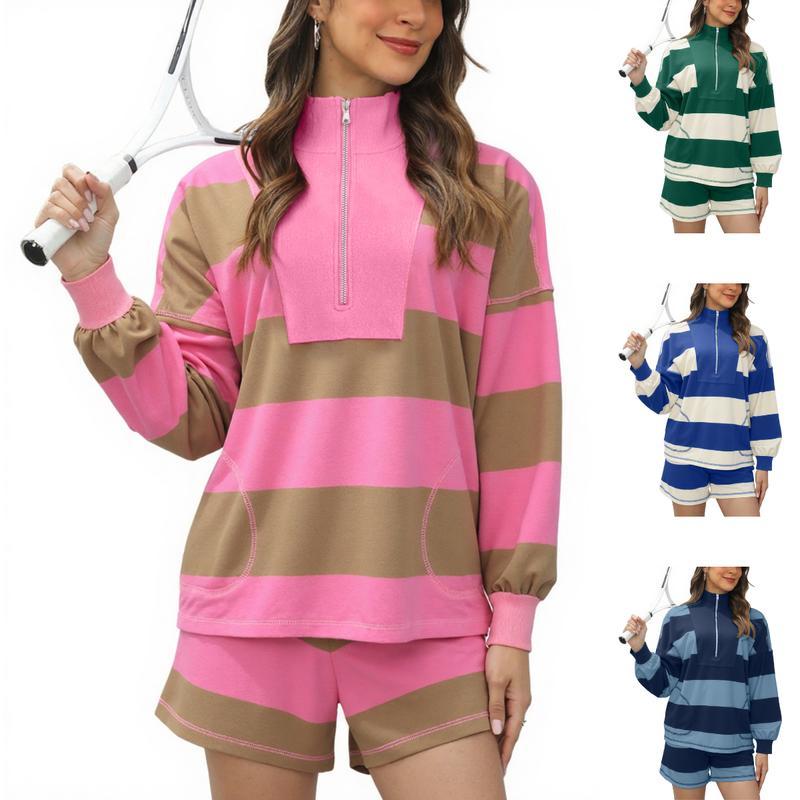 Women's Lounge Set 2 Piece Striped Long Sleeve Quarter Zip