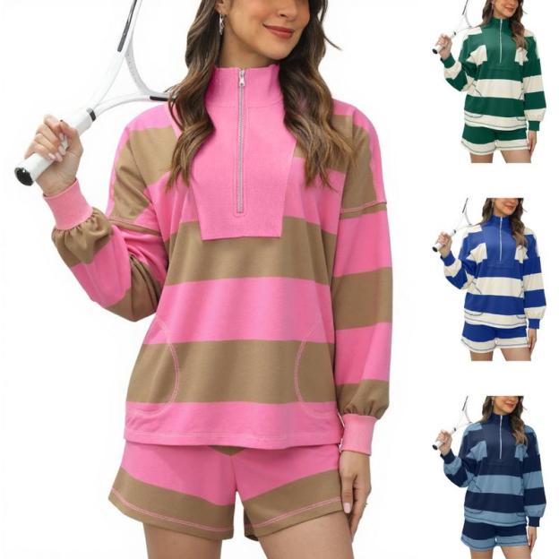 Women's Lounge Set 2 Piece Striped Long Sleeve Quarter Zip