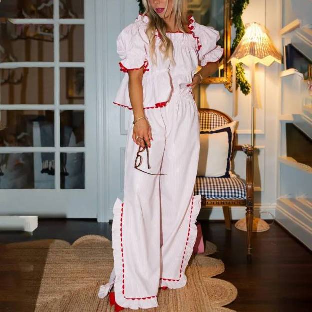 Women Pajama Set, Stripes/Plaid Short Sleeve Square Neck T-shirt with Pants Sleepwear Loungewear（buy 2 free shipping)