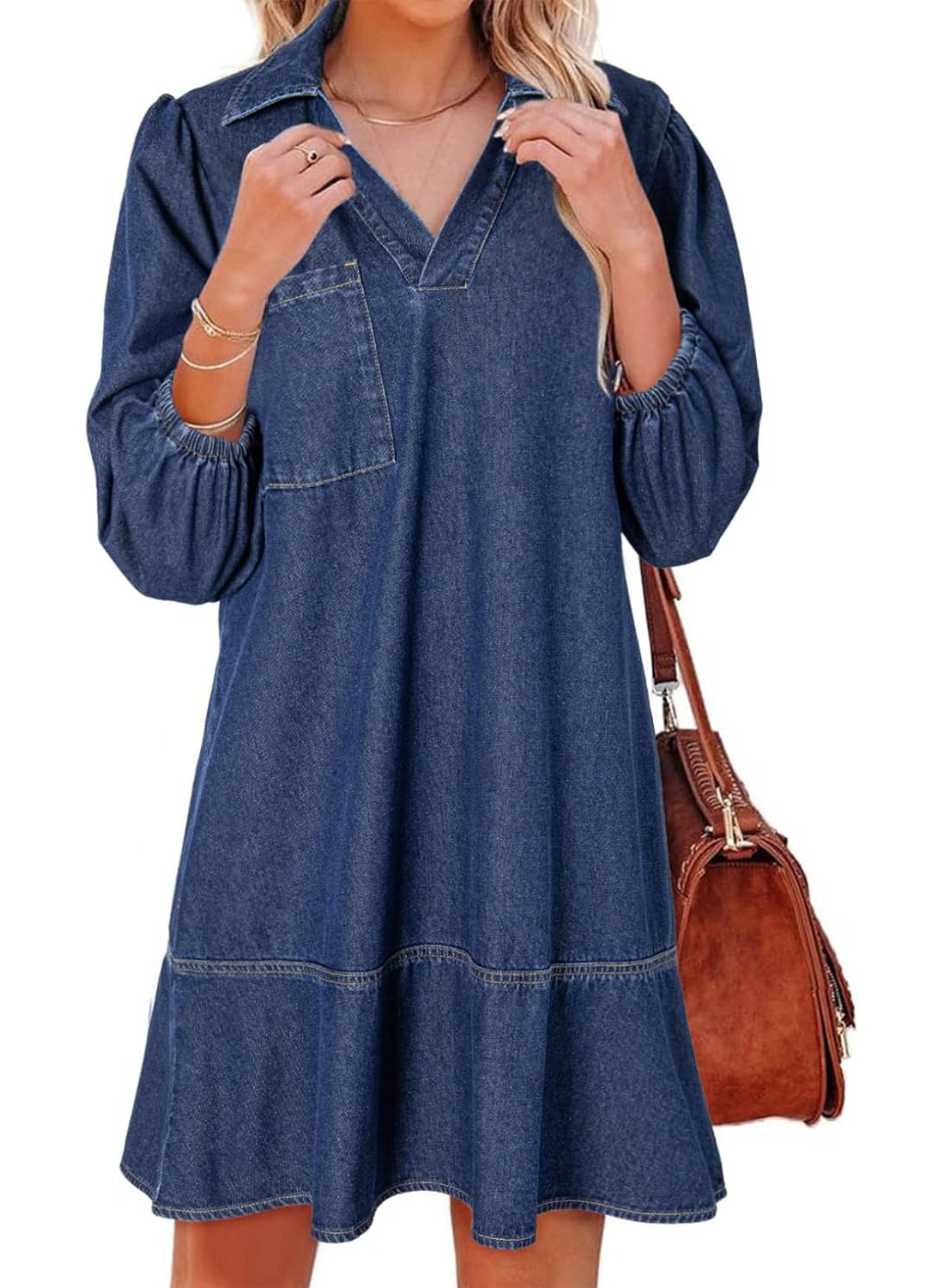 Women's V Neck 3/4 Puff Sleeve Denim Casual Dress