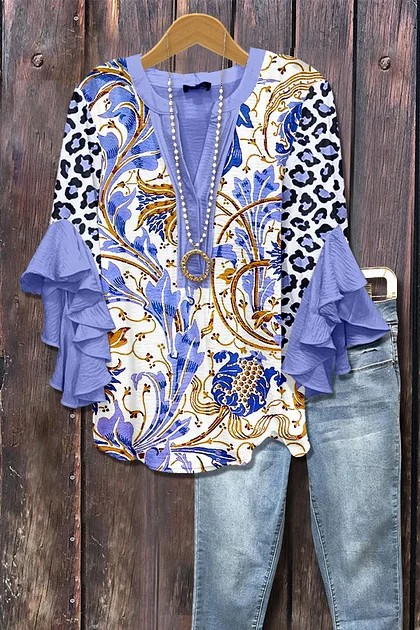 Women's Mixed Floral Print Ruffle Bell Sleeve Top(BUY 2 FREE SHIPPING)
