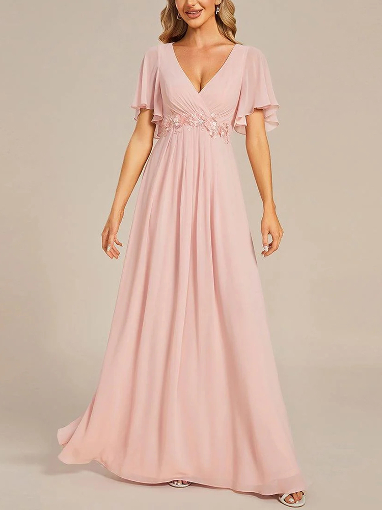 Flutter-Sleeve Appliqué A-Line Maxi Dress (Buy Two Free Shipping!!!)