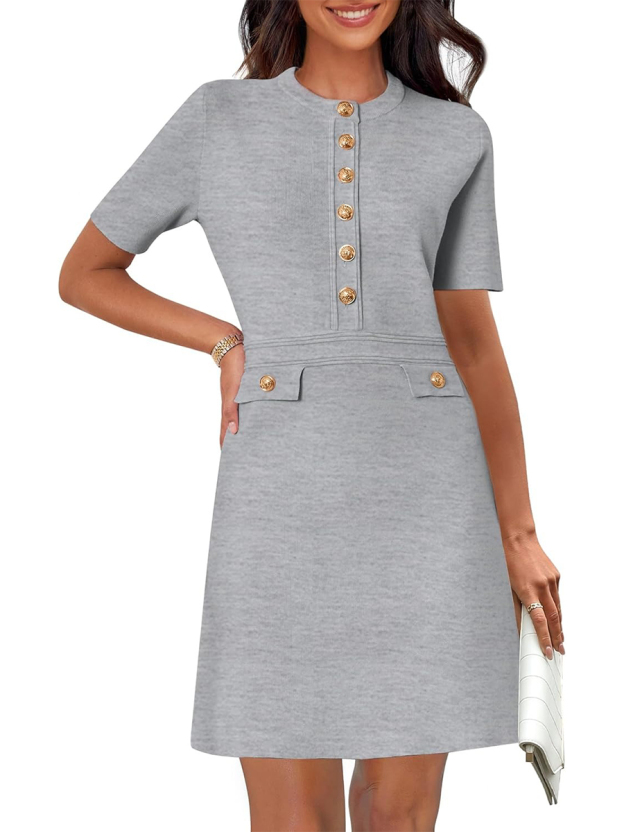 Women's Elegant Knit Button Short Sleeve Bodycon Mini Dress