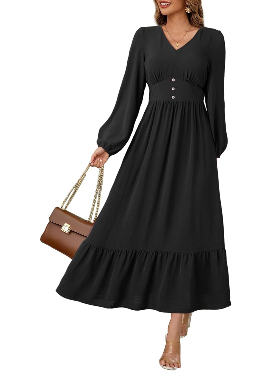 Women's Casual V Neck Long Sleeve Button High Waist Flowy Maxi Dress