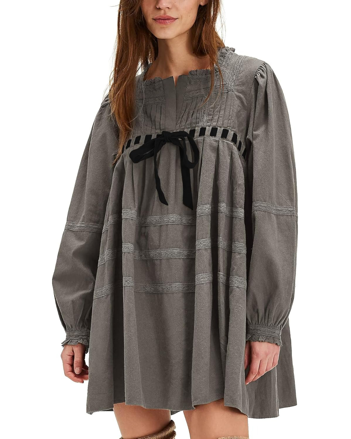 Women's Square Neck Tie Front Long Sleeve Lace Trim Mini Dress