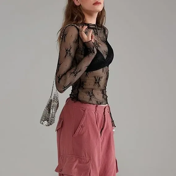 Women Long Sleeve Tops Sheer Lace Basic Shirt Casual Pullover For Fall Club Streetwear Aesthetic Clothes（BUY 3 FREE SHIPPING)