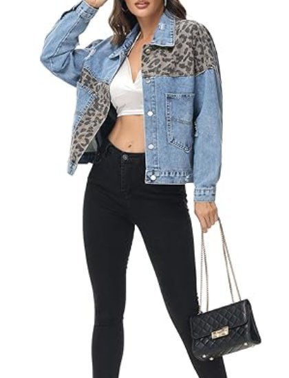Women's long-sleeved button-up leopard print short denim jacket(buy 2 free shipping)