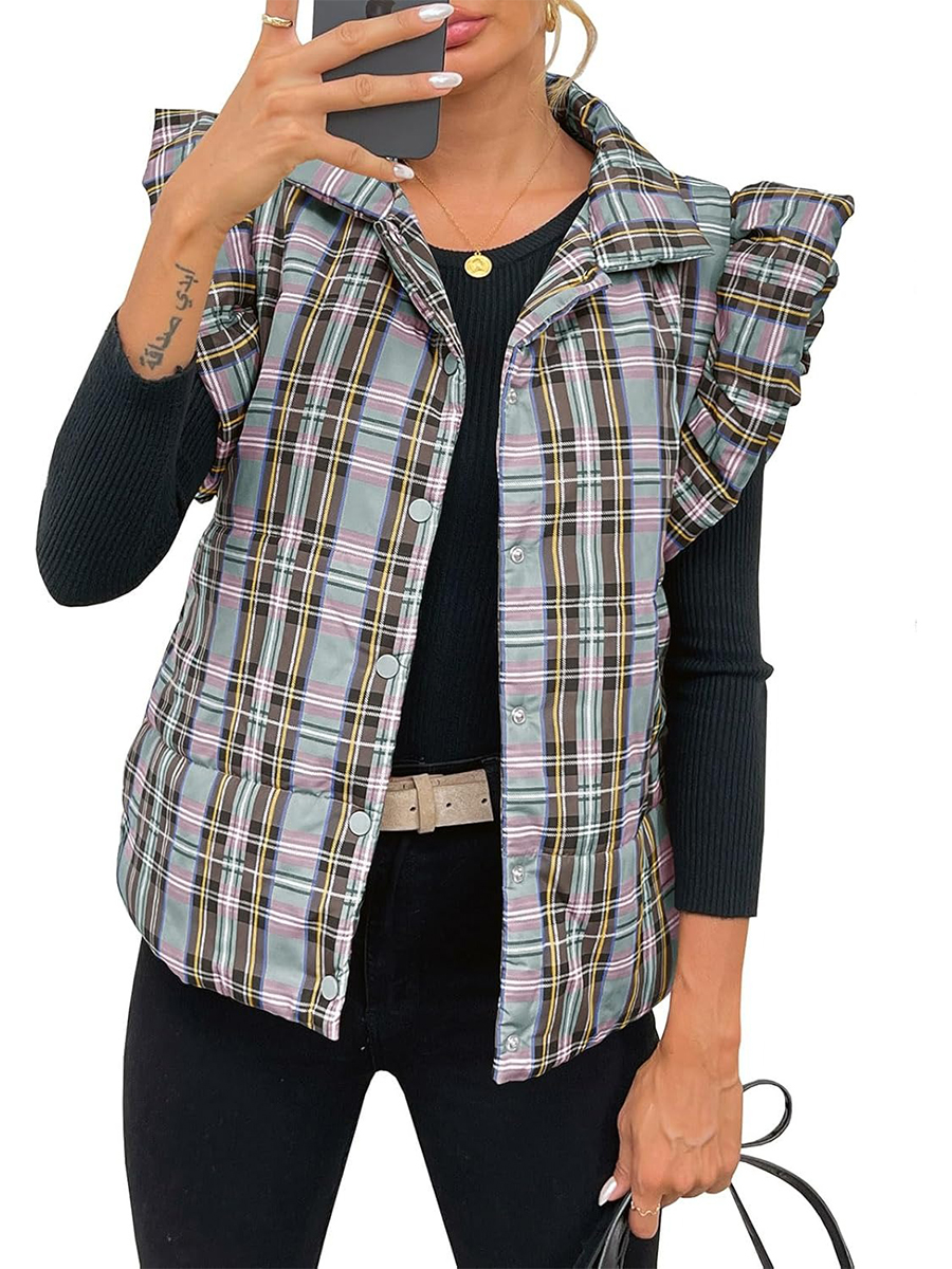 Women's Plaid Ruffle Sleeveless Lightweight Quilted Vest Coats
